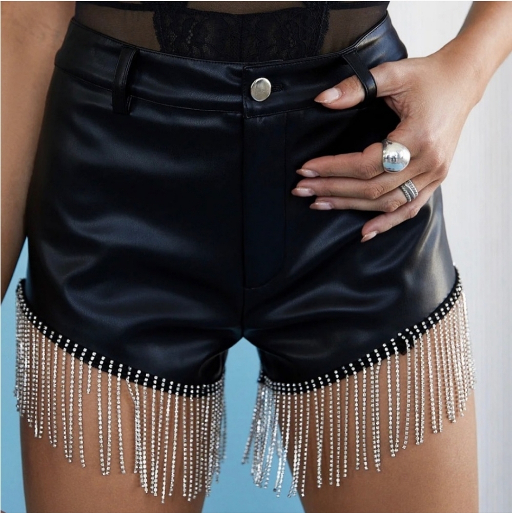 NWT 12th Tribe Fringe Rhinestone Black Leather Shorts Small